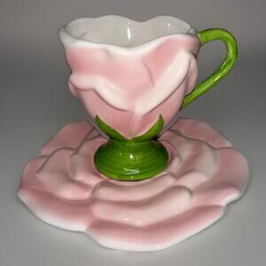 Vintage Teleflora Gift Pink Rose Ceramic Cup & Saucer Set New Condition